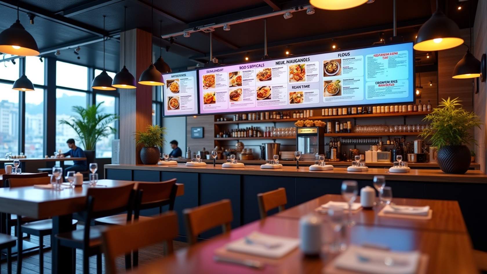 Digital menu system in a modern restaurant displaying food specials and real-time updates for improved efficiency.
