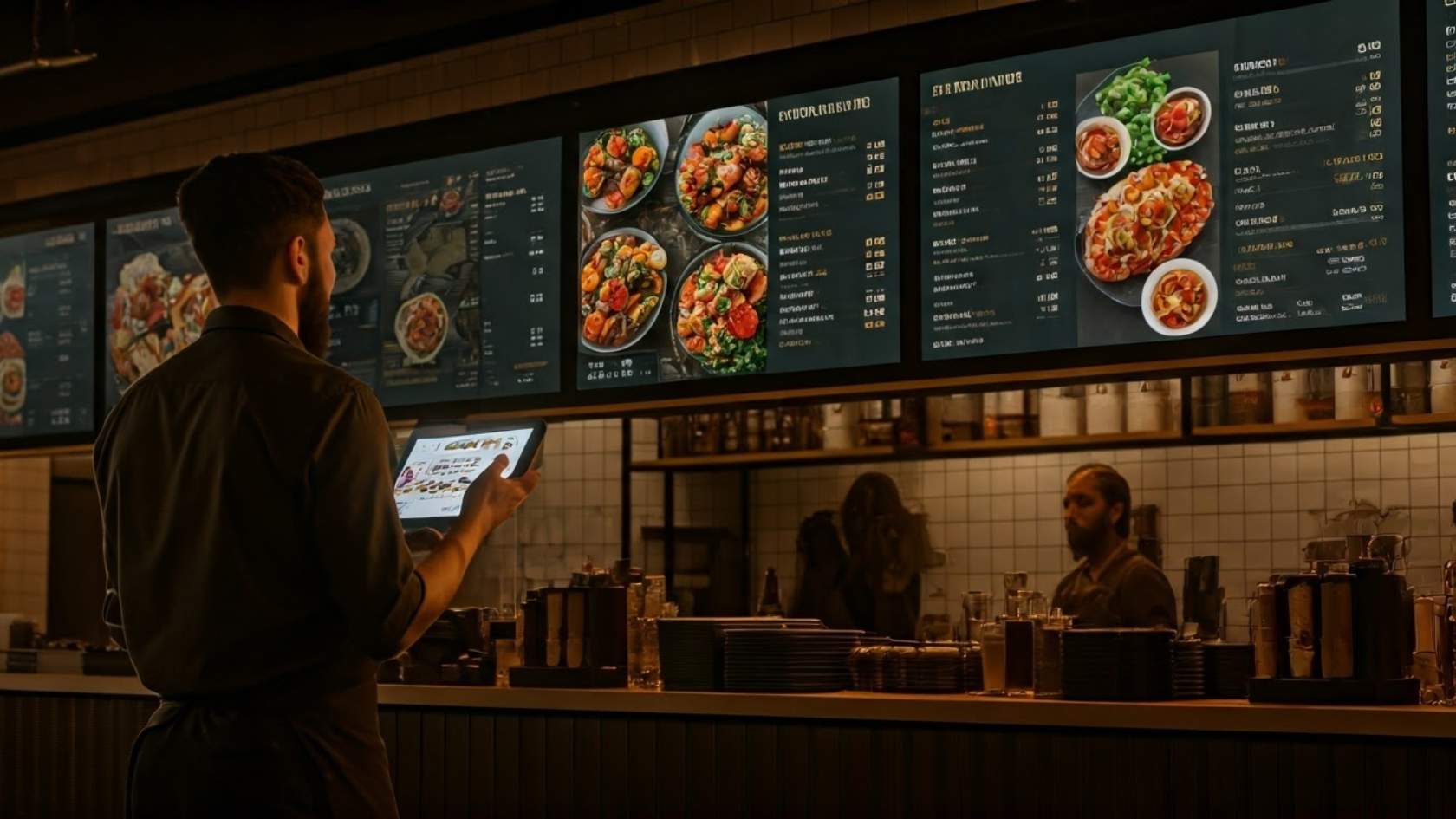 Digital menu system updating in real-time across multiple platforms inside a busy restaurant.