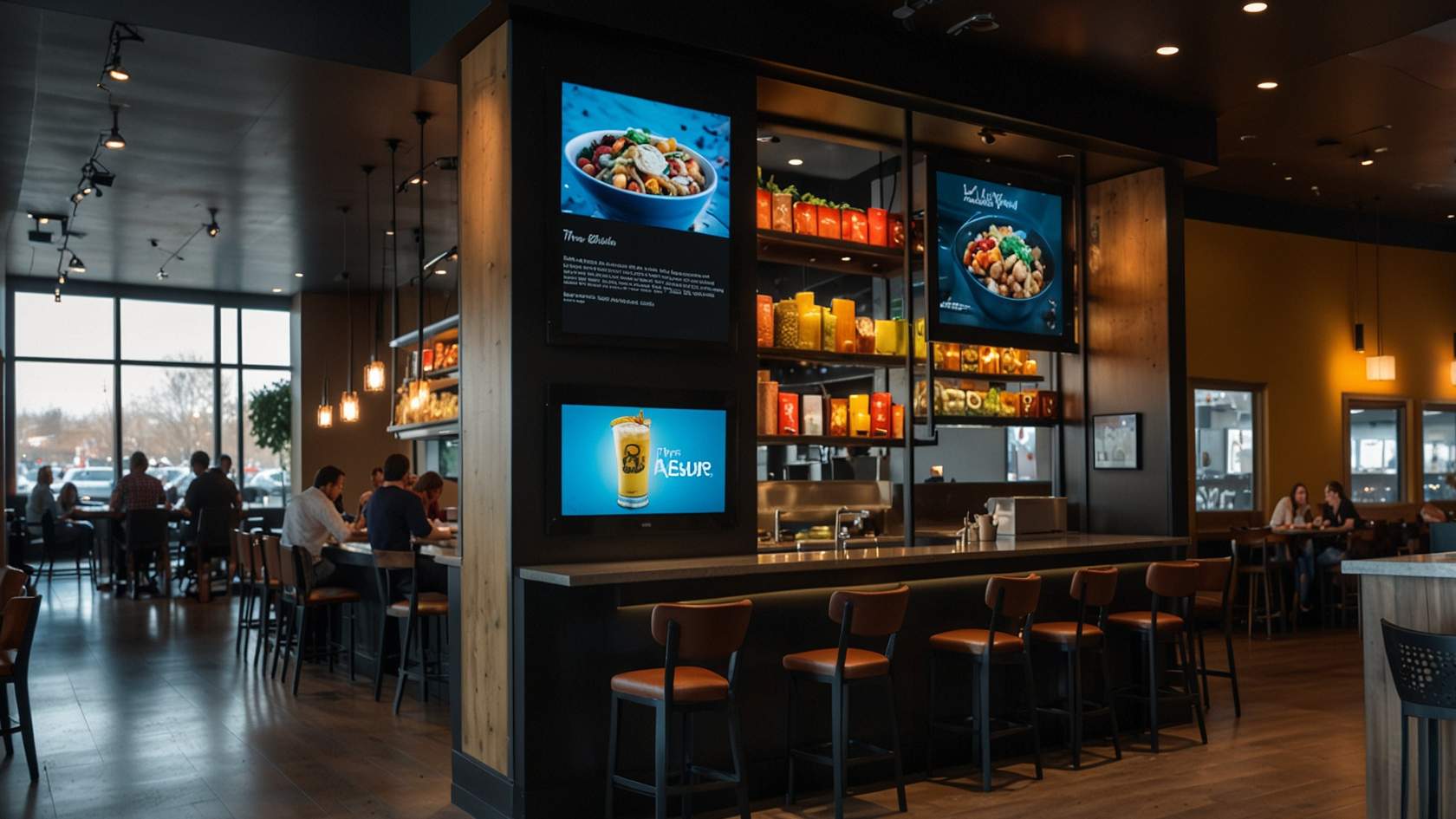 Customizable digital menu transforming with seasonal specials and family-sized meal options in a sleek restaurant.