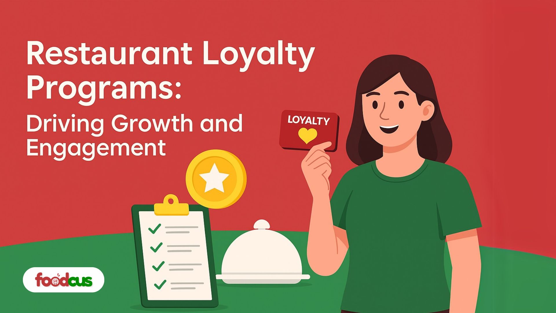 Illustration of a happy woman holding a loyalty card, surrounded by icons representing rewards and customer engagement strategies for restaurants.