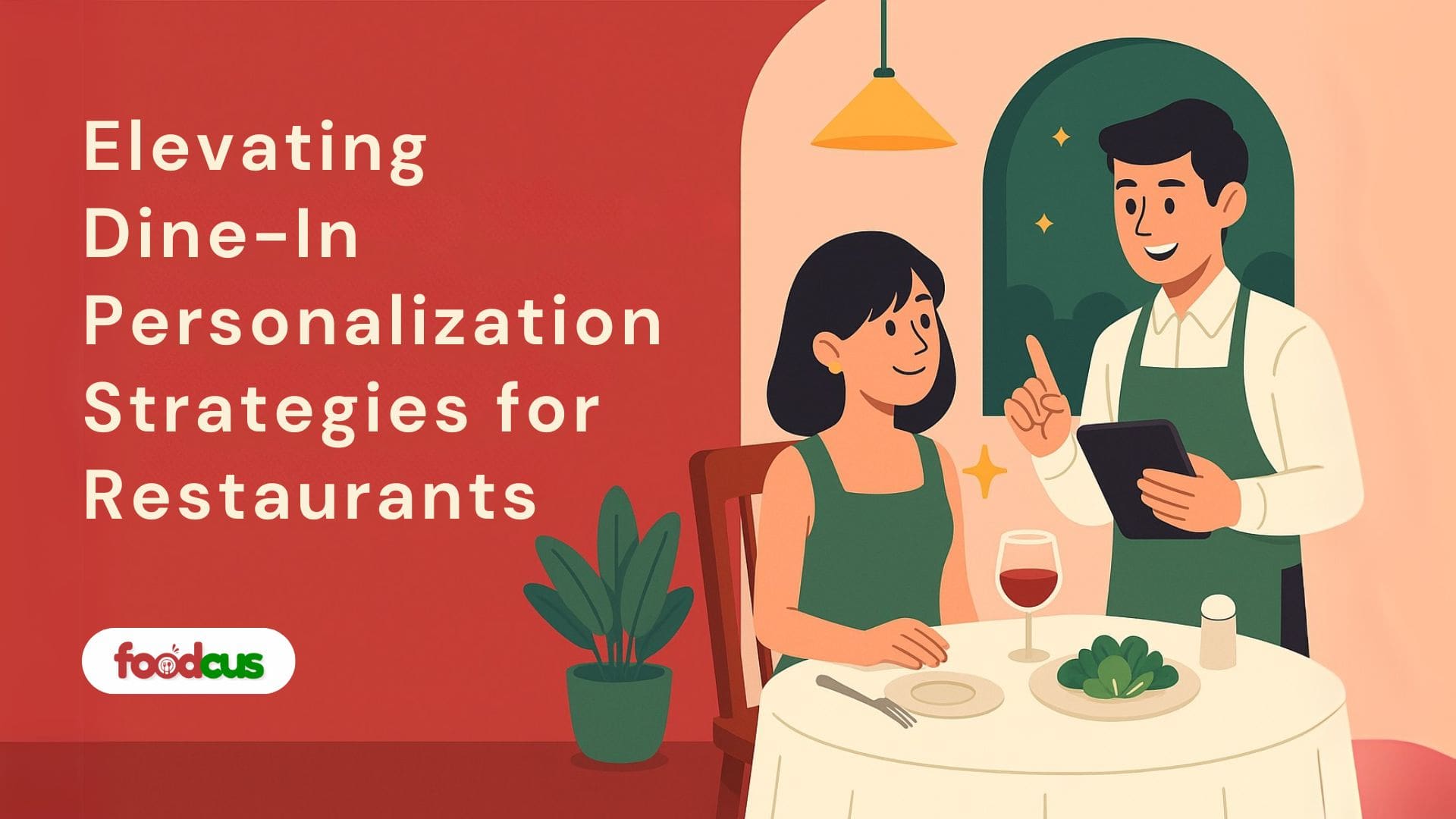 Illustration of a restaurant server taking a customer's order using a tablet, symbolizing dine-in personalization strategies