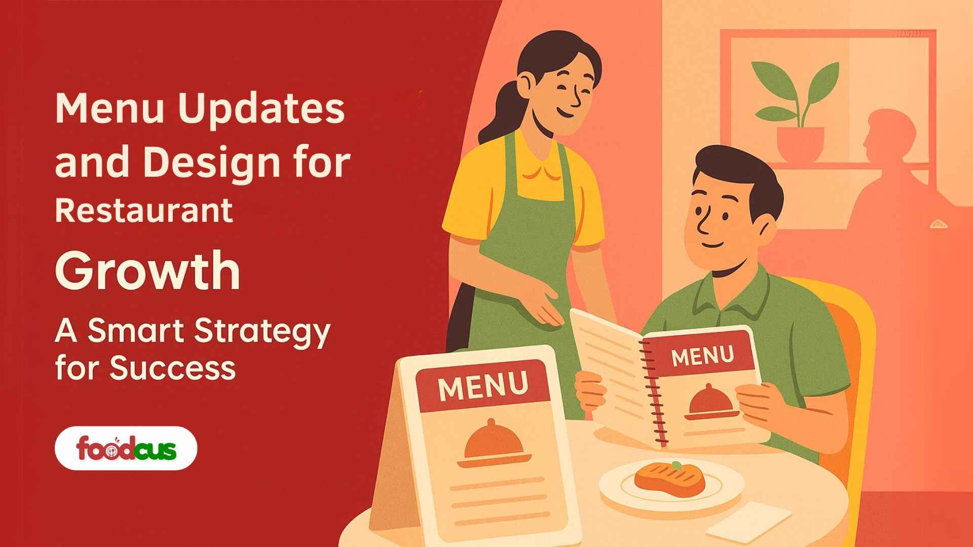 Illustration of a restaurant server presenting a menu to a smiling customer, emphasizing smart menu design strategies