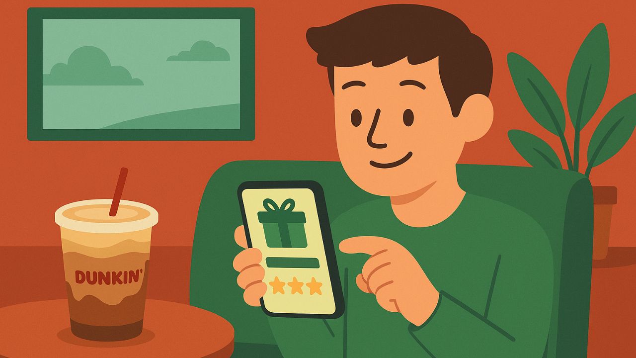 Cartoon illustration of a man using the Dunkin’ Rewards app on his smartphone while sitting next to a Dunkin’ drink.