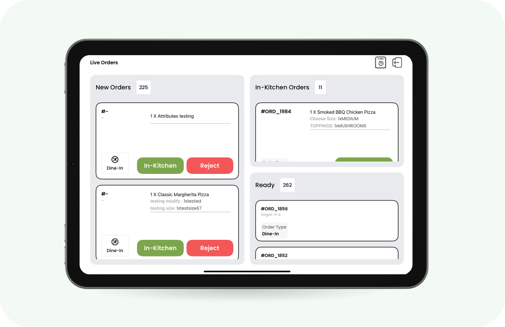 Foodcus Kitchen Display System showing real-time restaurant orders on screen