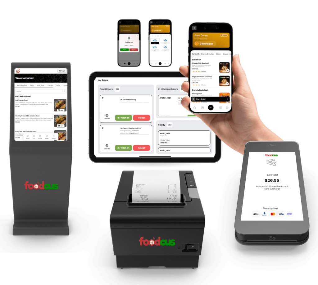 Foodcus restaurant hardware including self-service kiosk, kitchen display system, receipt printer, and portable POS device